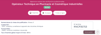 La fiche RNCP de la formation « Opérateur Technique en Pharmacie et Cosmétique Industrielles » du Groupe IMT est active. Capture d’écran du site France Compétences.